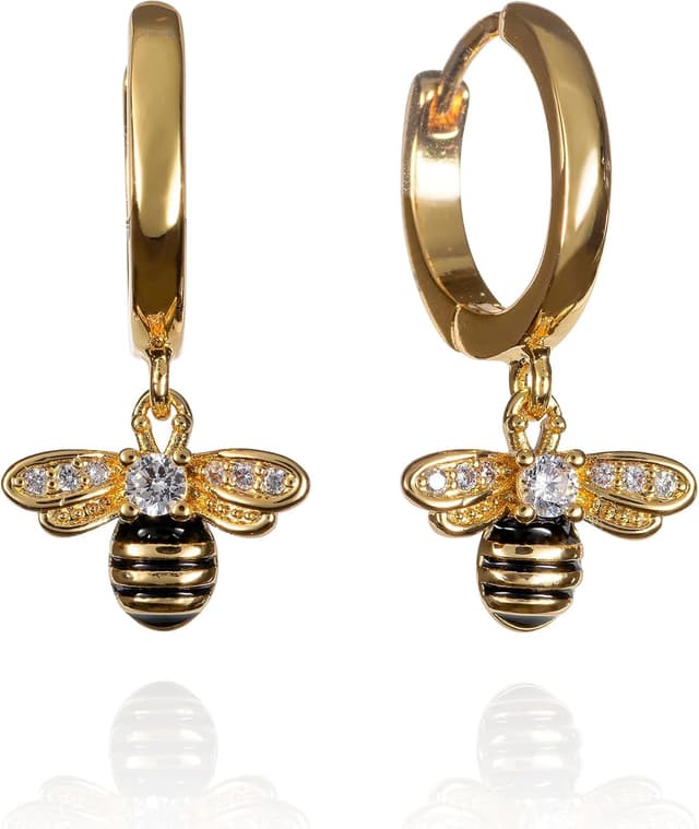 Detalle de Namana Orecchini a cerchio in argento 925 con ciondolo ape, smalto nero e zirconie