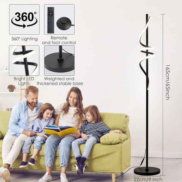 Detalle de POWROL Spiral LED Floor Lamp (Dimmable) with Remote & Foot Control, 3 Colour Temperatures, 48W, Black