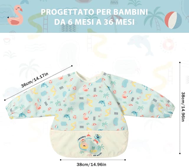 Detalle 2 de Little Dimsum Bavaglino per svezzamento con maniche lunghe impermeabili e tasca grande 6-36 mesi