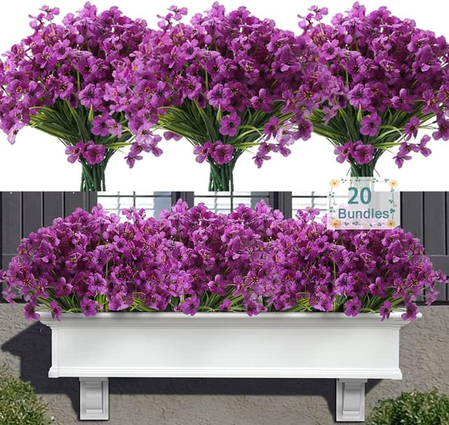 Detalle de Satefello 20 Bundles UV-Resistant Artificial Flowers for Outdoor Planters (Purple)