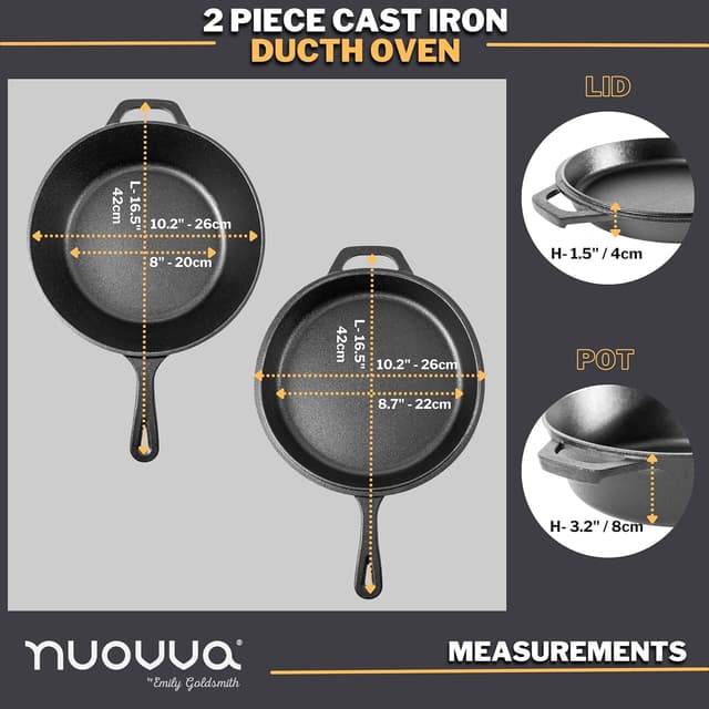 Detalle de NUOVVA 2pcs Cast Iron Skillet Set (pre-seasoned) – 10 inch 25cm & 12 inch 30cm oven-safe frying pans