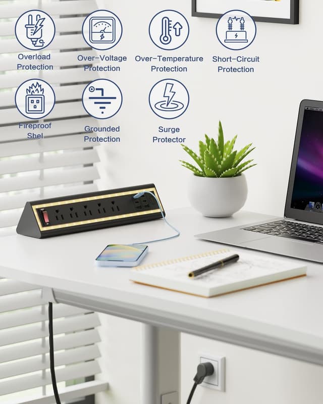 Detalle de NYYTGE Desk Clamp Power Strip with Nightlight, 5-Outlet 40W Fast Charging (6ft Cord) — Fits 1.69-Inch Table Edges