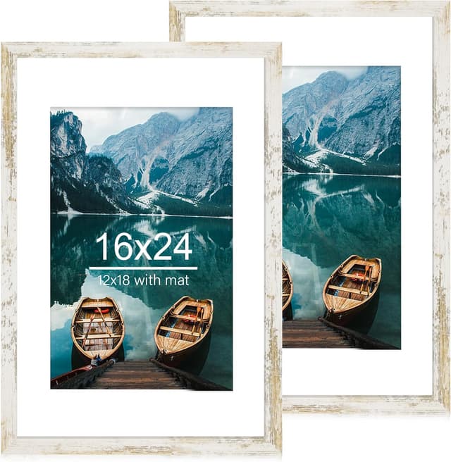 Detalle de Hongkee 16x24 Picture Frame Set of 2 (Distressed White Wood Style) for 12x18 or 16x24 Displays