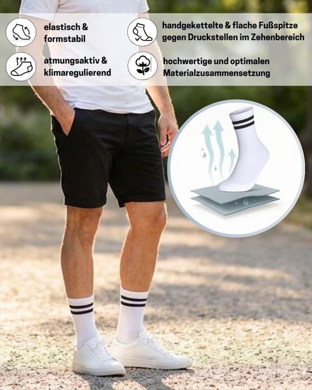 Detalle de sockenkauf24 Herren Tennissocken (6 Paar) – gepolsterte Crew Socken mit verstärkter Ferse & Fußspitze