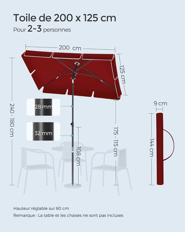 Thumbnail 6 de Parasol rectangulaire SONGMICS 200 x 125 cm, UPF 50+ inclinable et hauteur réglable (sans base) avec sac de transport