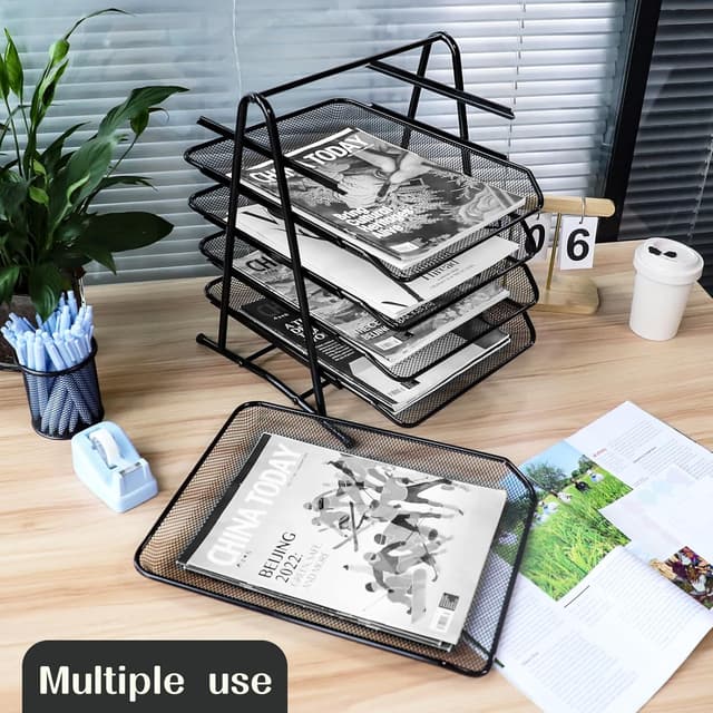 Detalle de HIHOBDAY 5-Tier Sliding Paper Organiser (Mesh Letter Tray) for A4 Desk Storage