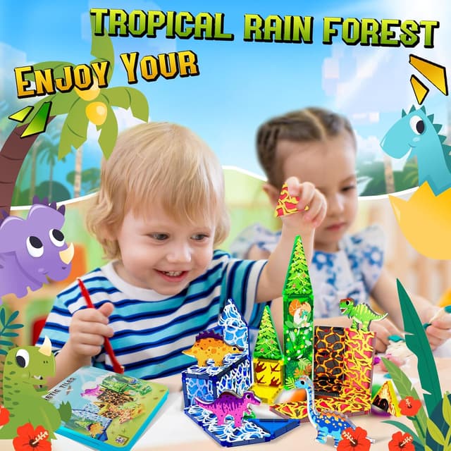 Detalle de URRLUNA 36pc Mini Magnetic Tiles Dinosaur Travel Set for Kids (Portable Dino Building Blocks)