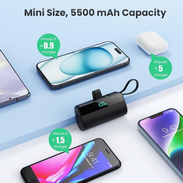 Detalle de Mini Portable Charger for iPhone (5500mAh) – 20W PD Power Bank with Built-in USB-C Port, 2 Outputs (Black)