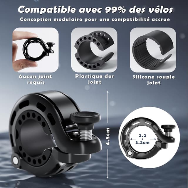 Detalle de Mini sonnette de vélo sonore 100–110 dB, clochette forte étanche pour guidon 22–31,8 mm