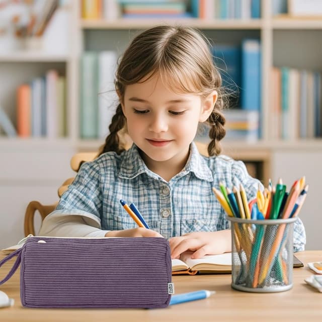 Detalle de Boziee Cord-Stoff Federmäppchen Mäppchen mit Doppelreißverschluss (lila) – große Kapazität