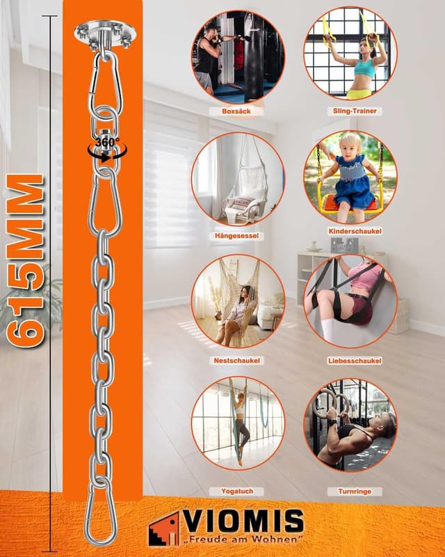Thumbnail 4 de Viomis Deckenhaken für Hängesessel (bis 400 kg) – 360° Drehung, Edelstahl-Komplettset mit 30 cm Kette & 3 Karabinern