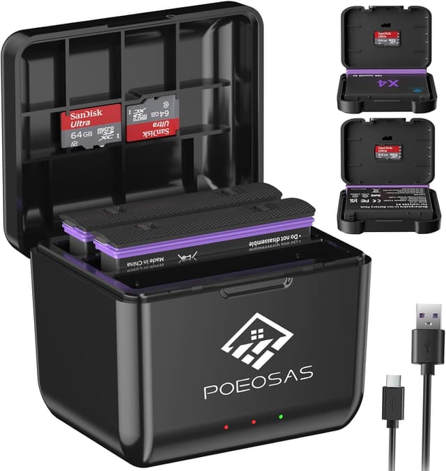 Detalle de POEOSAS 360 X4 Akku für Insta360 X4 – 2er-Set 2500 mAh + 3-Kanal USB‑C Schnellladegerät