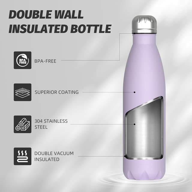 Detalle de WATERSY Stainless Steel Insulated Water Bottle (Lilac) – Double-Walled Vacuum Flask, 500ml