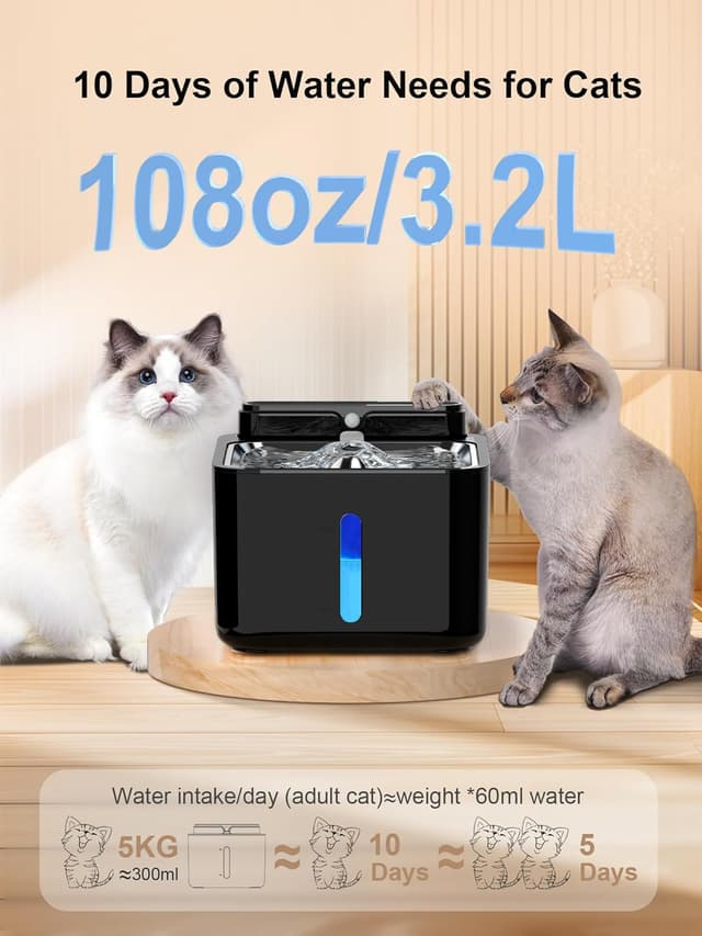 Detalle 2 de PLOOHT Fontaine à eau pour chat sans fil 3,2 L avec détecteur de mouvement et batterie rechargeable 4000 mAh (noir)
