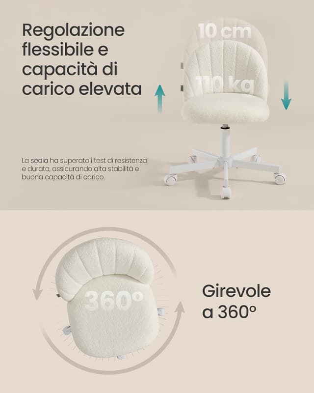 Thumbnail 6 de SONGMICS OBG027WD01 sedia da ufficio in tessuto peluche regolabile in altezza (bianco crema)