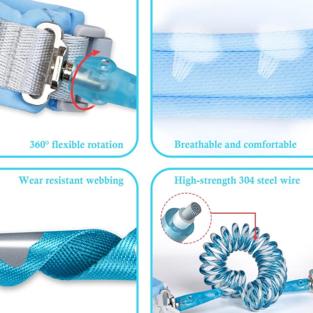 Detalle de Reflektierende Kinderleine mit Handgelenkzügel (2-in-1) – Sicherheitsgurt mit Schloss, Blau, 1,5 m