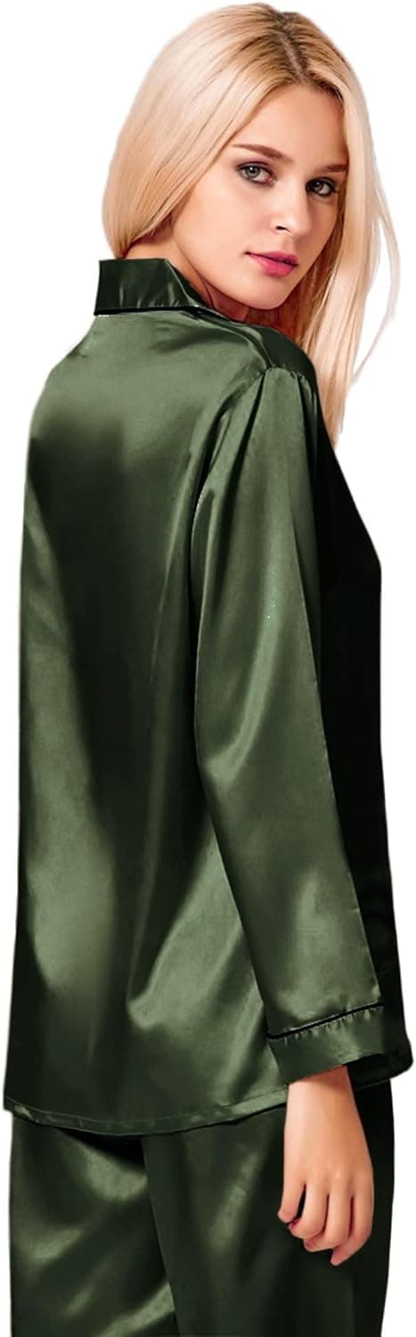 Detalle de SWOMOG Satin Damen-Schlafanzug mit Knopfleiste, Langarm-2-teiliges Pyjama-Set