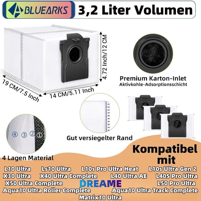 Detalle de Bluearks 14 Staubbeutel für Dreame L10s Ultra Gen 2/Gen 3 & weitere Modelle – 3,2 Liter mit Aktivkohleschicht