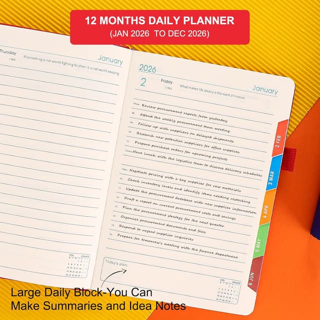 Detalle 2 de 2026 A5 Page-a-Day Diary (Jan–Dec) with Monthly Tabs, Hardcover & Inner Pocket