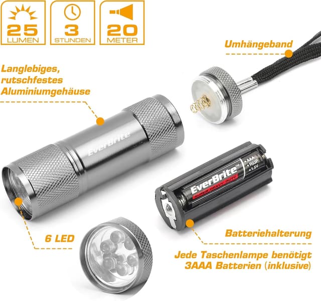 Detalle 2 de EverBrite 18-teiliges LED-Taschenlampen-Set mit Lanyard und 54 AAA-Batterien (Mini-Handlampen)