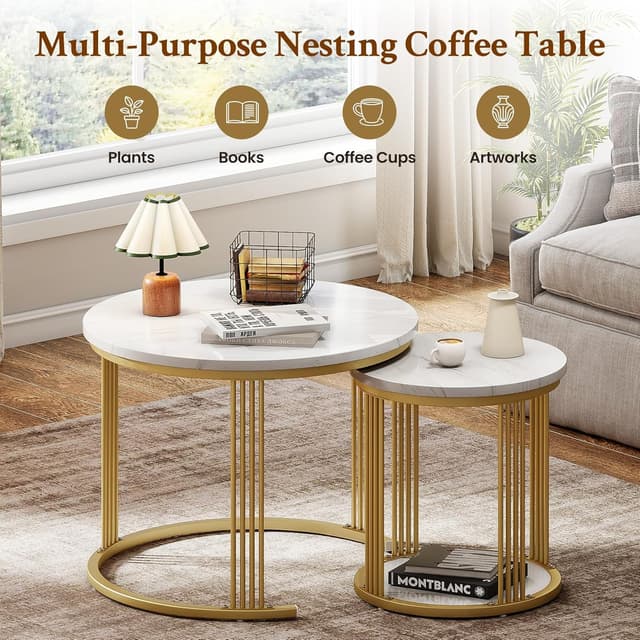 Detalle de Dripex lot de 2 tables basses gigognes rondes avec rangement et plateau effet marbre