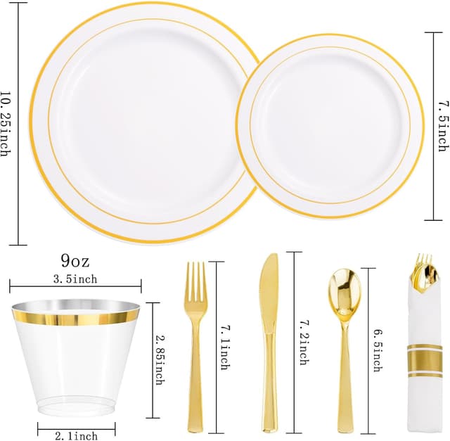 Detalle 2 de DaYammi 350PCS Gold Plastic Dinnerware Set for 50 Guests 🍽