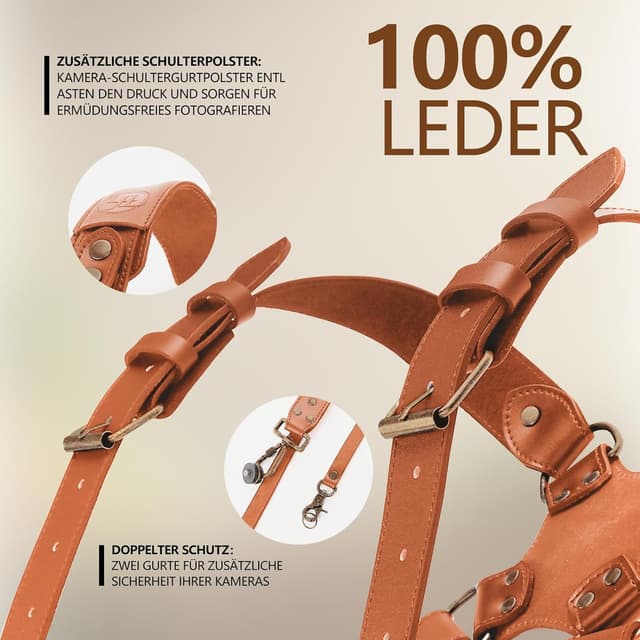 Detalle de 4J LEDR Dual-Kameragurt aus Leder – Doppel-Schultergurt für 2 Kameras mit Schnellverschluss