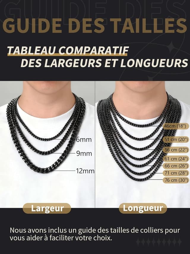 Detalle de Collier chaîne homme FindChic en acier inoxydable 316L maille gourmette cubaine (largeur 6/9 mm, longueur 46 à 76 cm)