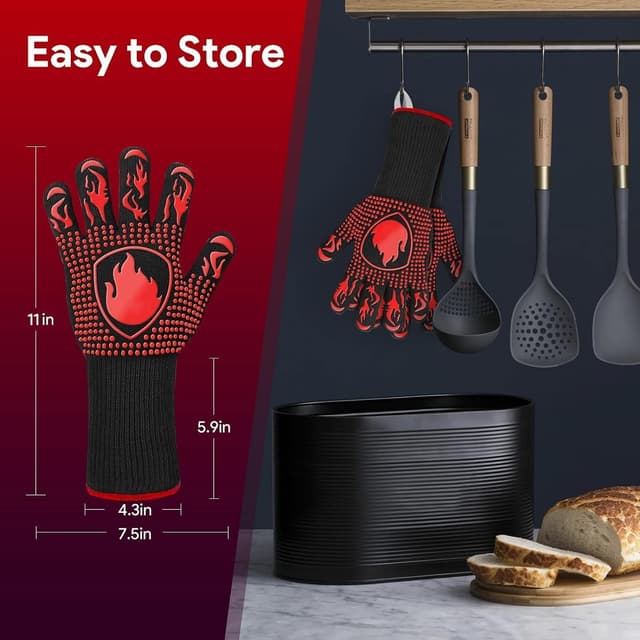 Detalle de BBQ Gloves heat resistant oven mitts and grilling gloves (up to 1472°F/800°C) – aramid gloves with silicone grip (pair)