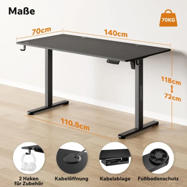 Detalle 2 de sense7 NOJO escritorio regulable eléctrico con motor 140x70 negro