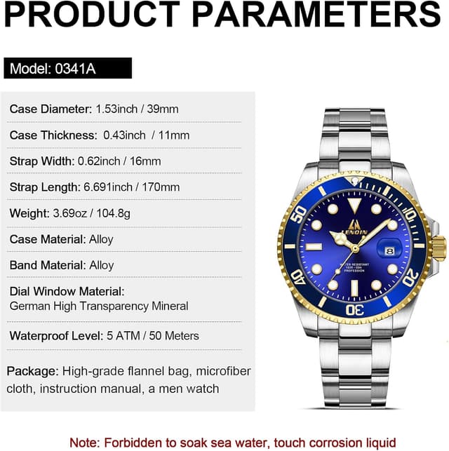 Detalle 2 de LN LENQIN Herrenarmbanduhr aus Edelstahl mit Quarzwerk, Datum und leuchtendem Zifferblatt (wasserdicht bis 3 ATM)