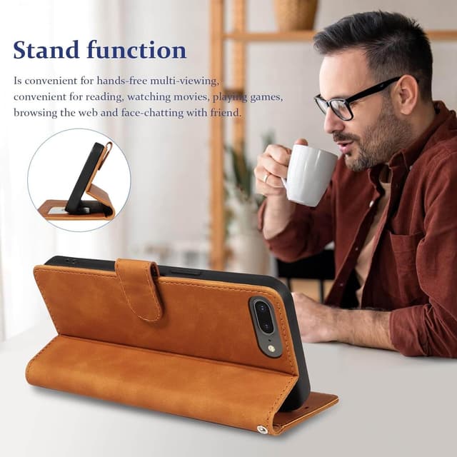 Detalle de GOTOURED Wallet Case for iPhone 7/8 Plus (RFID) – Brown PU Leather Folio with 4 Card Slots, Detachable Strap & Kickstand