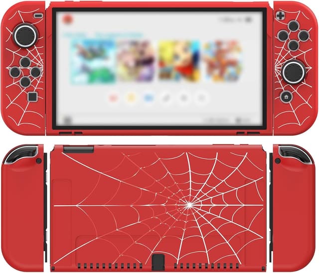 Detalle de JINGDU TPU Case for Nintendo Switch OLED (2021) with 4 Thumb Grips – Red Spider Web