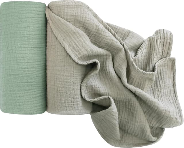 Detalle de Baby Pucktuch Musselin-Wickeldecke (104x94 cm), 100 % Baumwolle – atmungsaktiv zum Einwickeln, Stillen & mehr (Hellgrau & grün)