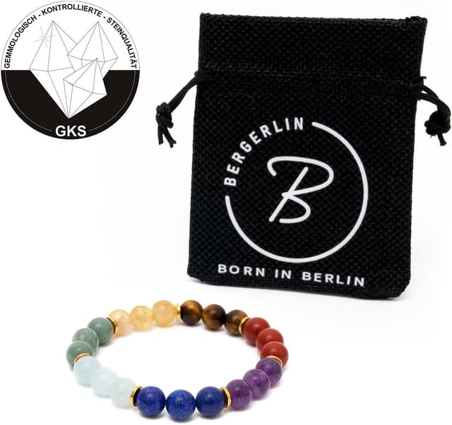 Detalle de BERGERLIN 7 Chakra Armband aus Naturstein & Lavastein – mit Echtheitszertifikat (für Damen & Herren, verstellbar)