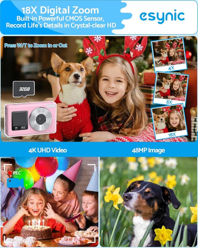 Detalle de eSynic Digital Compact Camera 4K 48MP with Dual Screens, 18X Zoom and LED Fill Light (Pink) + 32G SD Card