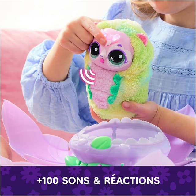 Detalle 2 de HATCHIMALS Bloomables Ma Fleur Magique PuppyFly : peluche interactif à transformation (100 sons & réactions)