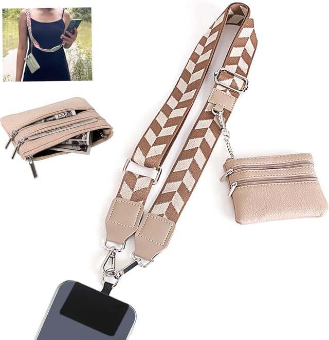 Detalle de SCINYMC Clip and Go Strap for Phone with Wallet Crossbody (Khaki) — Adjustable Phone Lanyard with Zippered Pouch