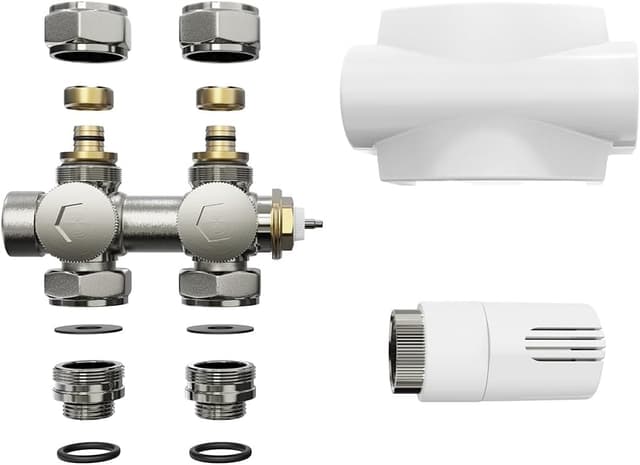 Detalle 2 de Heilmetz Multiblock Set für Heizkörper-Anschlussarmatur mit Thermostat (Ventil 50 mm) – Weiß, 15 mm + 16 mm