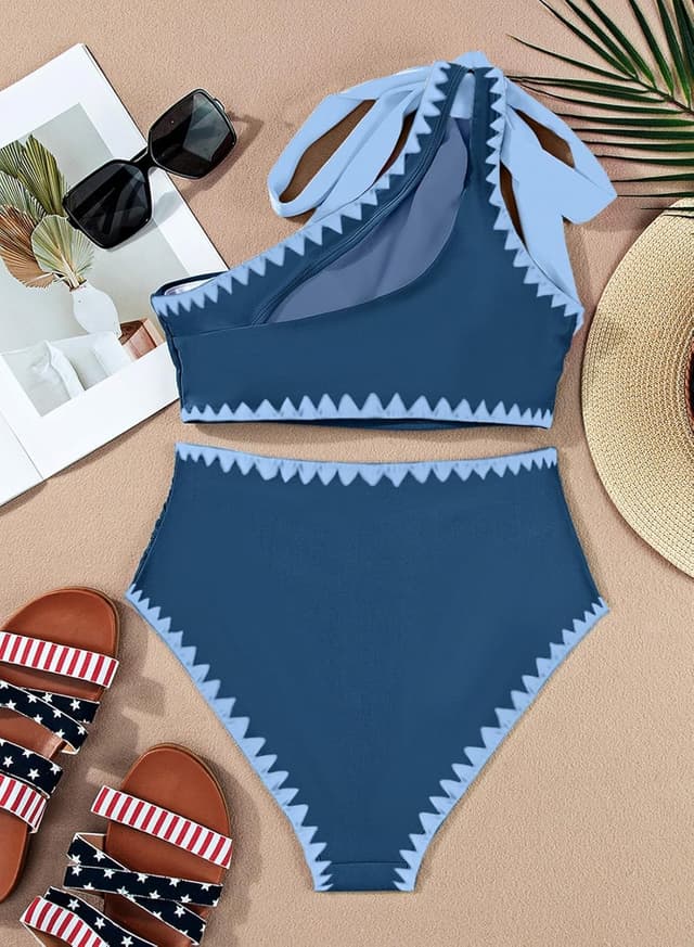 Detalle de Herseas Women’s One Bow Shoulder Ruched Bikini Set (2-Piece High-Waist)