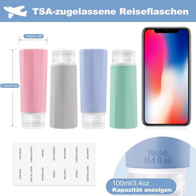 Detalle de Opret 4er Silikon-Reiseflaschen-Set (100 ml) – auslaufsichere Travel-Bottles zum Befüllen