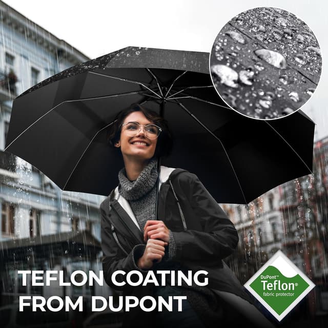 Detalle de Umbrella Windproof Compact – Strong Storm Proof Frame, Auto Open/Close Double Canopy, Teflon Water-Resistant (Black)