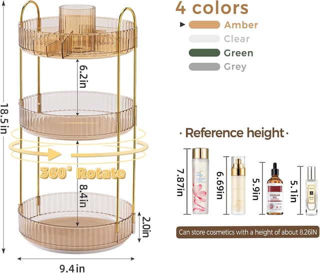 Thumbnail 1 de 360° Rotating Makeup Organizer 3-Tier 💄