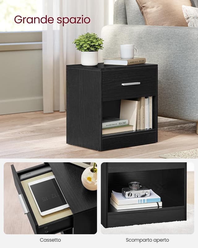 Detalle de VASAGLE LET619T56 comodino con cassetto nero classico, tavolino da camera da letto e soggiorno