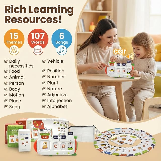 Detalle de HUBFIVY Talking Flash Cards (Ages 2–8) — 107 CVC and Sight Word Learning Cards
