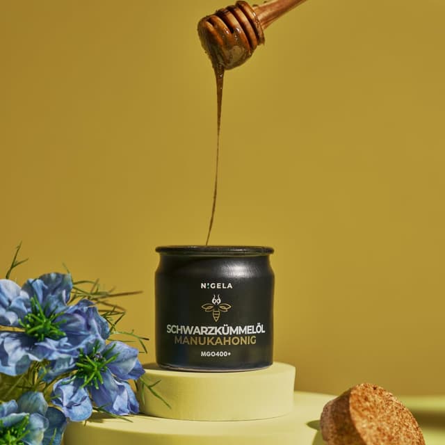 Detalle de Nigela Manuka Honig MGO 400+ mit Schwarzkümmelöl – zertifizierter & laborgeprüfter Manukahonig aus Neuseeland