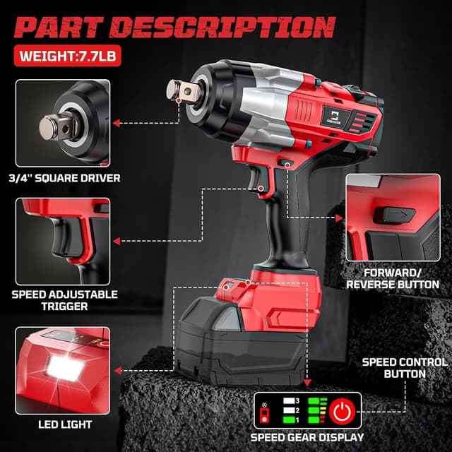 Detalle 2 de Cerycose 3/4 in Cordless Impact Wrench (Milwaukee 18V Compatible) 1850 ft-lbs Brushless, Bare Tool Only