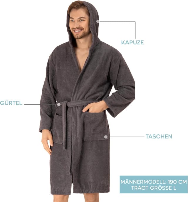 Detalle de Twinzen Herren-Bademantel mit Kapuze, 350 g/m² Baumwolle (OEKO-TEX®), mit Gürtel und 2 Taschen