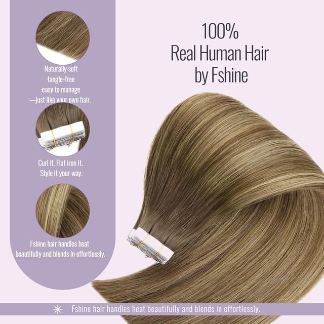 Detalle 2 de Fshine Extensiones Adhesivas de Pelo Natural, 14", Marrón a Rubio