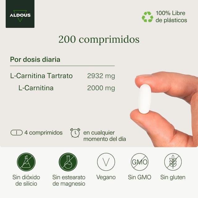 Detalle de Aldous L-Carnitina 2000mg - 200 Comprimidos Energía y Resistencia🧪
